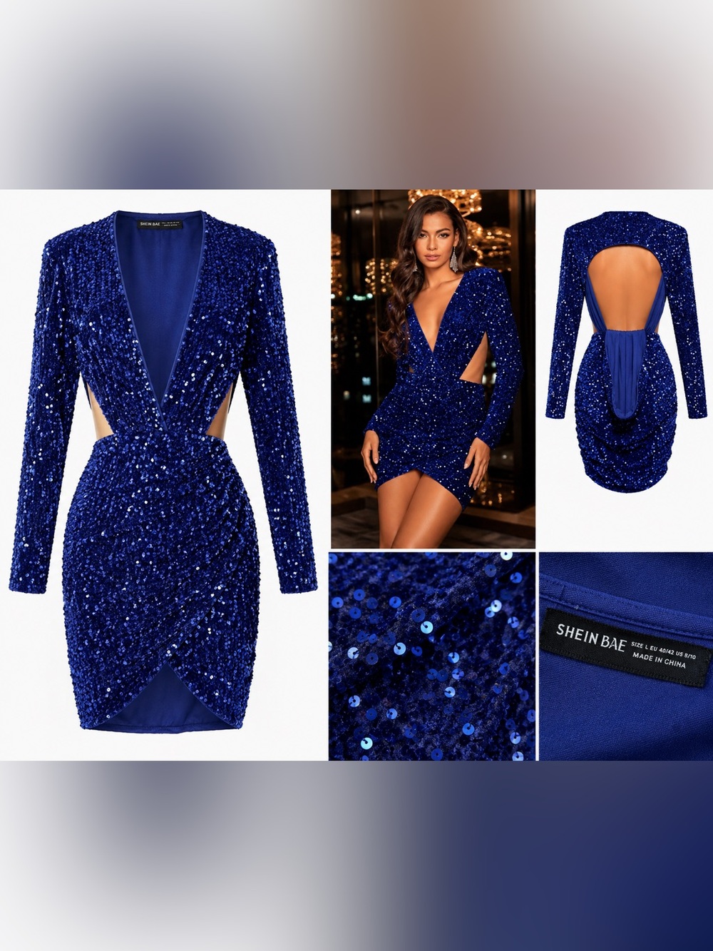 SHEIN Bar Royal Blue Sequin Plunge Long-Sleeve Mini Dress sz L 8-10 NWOT